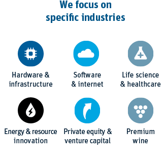 We focus on specific industries: Hardware & infrastructure, Software & internet, Life science & healthcare, Energy & resource innovation, Private equity & venture capital, Premium wine